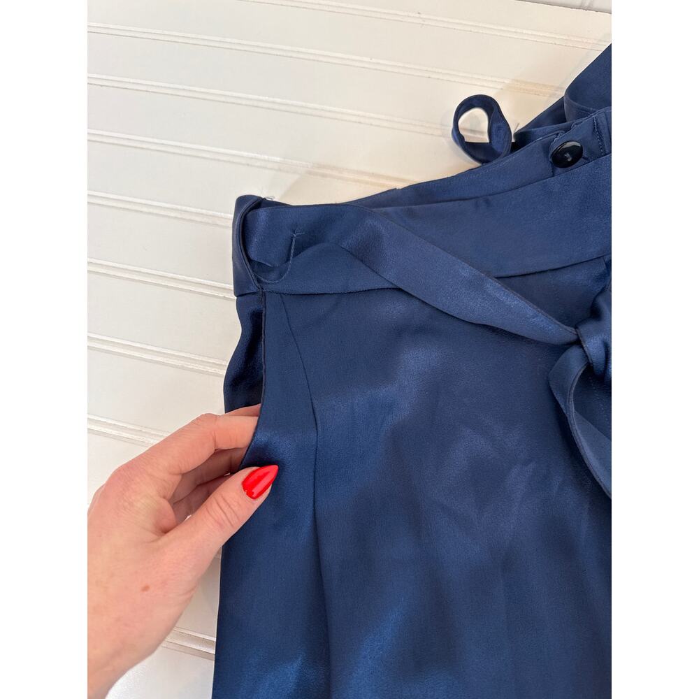 Halston Wide Leg Pants Navy Blue Satin Gorgeous High Waisted Belted Size 14 - Picture 7 of 8